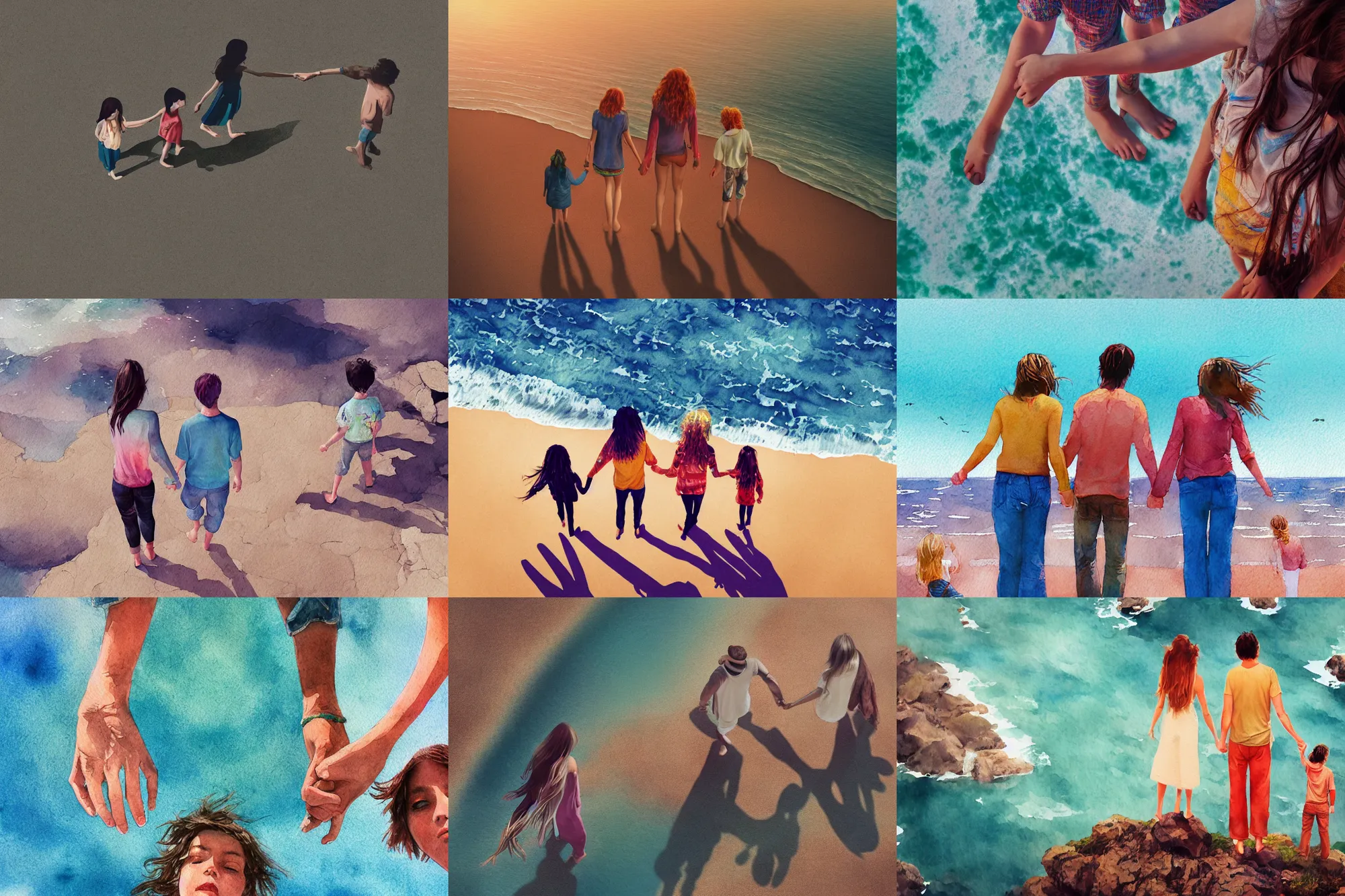 Image similar to hippie style family of woman, men, girl is taller, boy is shorter looking at the ocean holding hands, far - view, art, cinematic composition, octane render, high detail, 8 k, artstation trending, watercolor, artwork by tooth wu, colorful contrast, very coherent, thick lineart