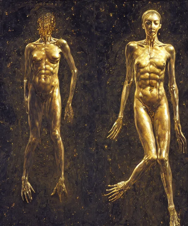 Image similar to Beautiful full-body wax sculpture of glowing transparent woman with visible gold bones covered with melted white wax inside the singularity where stars becoming baroque folds of dark matter by Michelangelo da Caravaggio, Nicola Samori, William Blake, Alex Grey and Beksinski, dramatic volumetric lighting, highly detailed oil painting, 8k, masterpiece