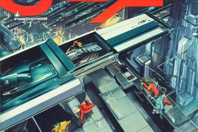 Image similar to 1979 OMNI Magazine Cover depicting a car-lift with a hidden operating room underneath. Cyberpunk Akira style by Vincent Di Fate