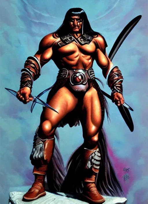 Prompt: a futuristic Conan the barbarian warrior in the art style of Boris Vallejo