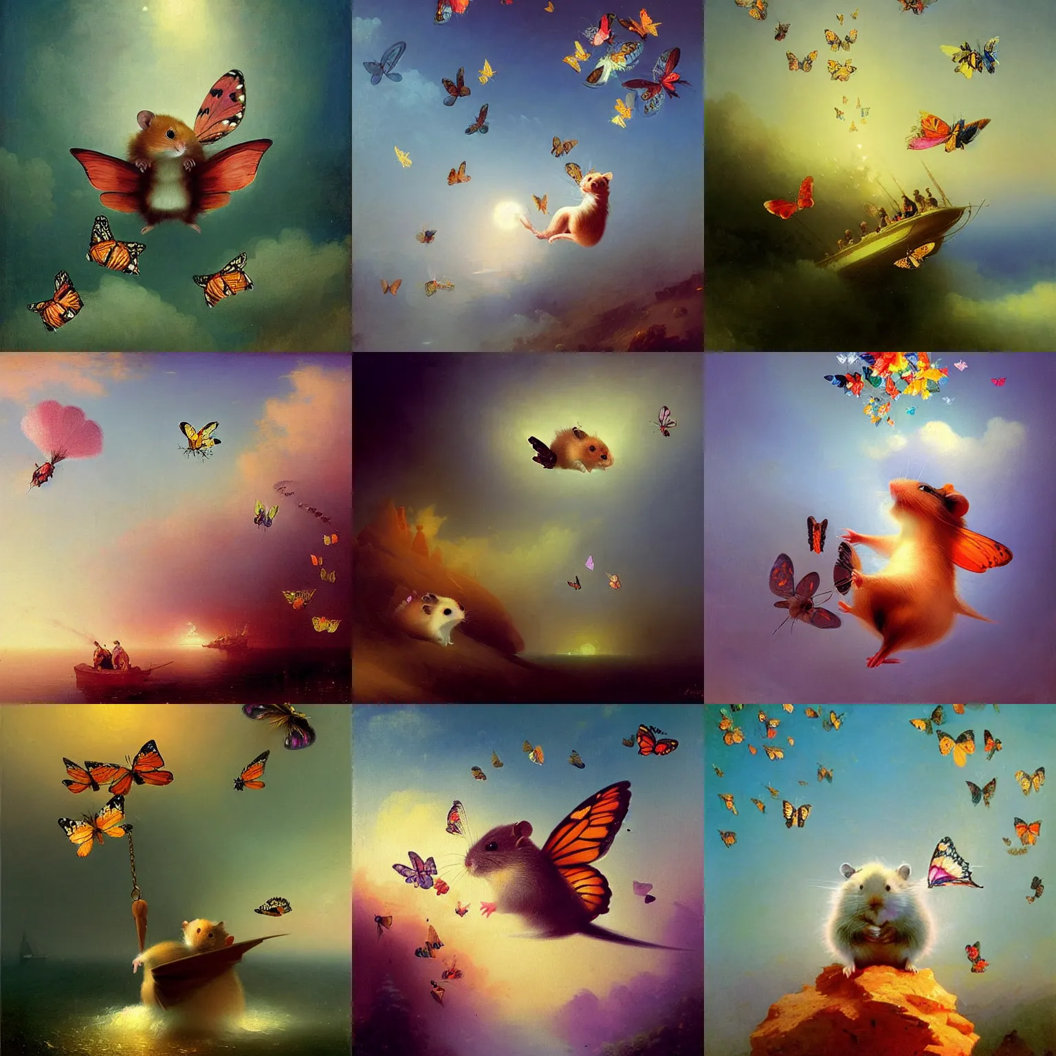 Prompt: a hamster being lifted up into the air by many different butterflies, Ivan Aivazovsky, Christopher Balaskas