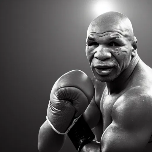 Prompt: mike tyson in a boxing arena, smoky background, rim backlighting