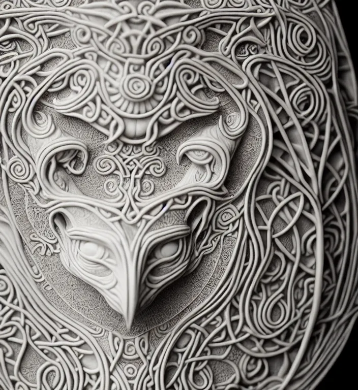 Prompt: Norse pagan raven, A Close up photo-real delicate ceramic porcelain sculpture of a symmetrical ornate detailed in front of an intricate background by Victo Ngai and takato yamamoto, micro detail, backlit lighting, face in focus, subsurface scattering, translucent, thin porcelain, octane renderer, colorful, physically based rendering, japanese pottery, trending on cgsociety