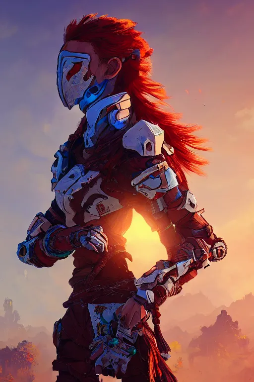 Image similar to combination suit armor aloy horizon forbidden west horizon zero dawn radiating a glowing aura global illumination ray tracing hdr fanart arstation by ian pesty and alena aenami artworks in 4 k tribal robot ninja mask helmet backpack