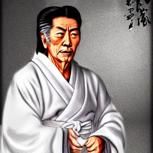 Prompt: Miyamoto Musashi, 95 years old, wearing a white robe, grey beard, digital art