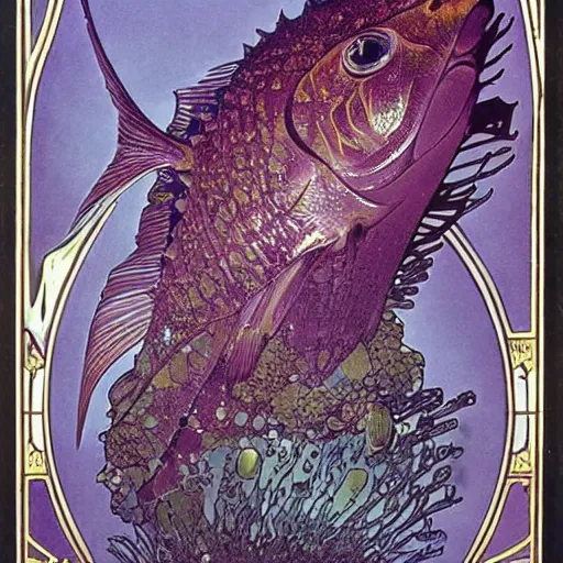 Prompt: a single fantasy deep sea fish that is heavily armored, with disproportionately huge wide spined pectoral fins, six large black eyes, and complex markings it is swimming in a purple deep landscape with jagged rocks by alphonse mucha and brian froud