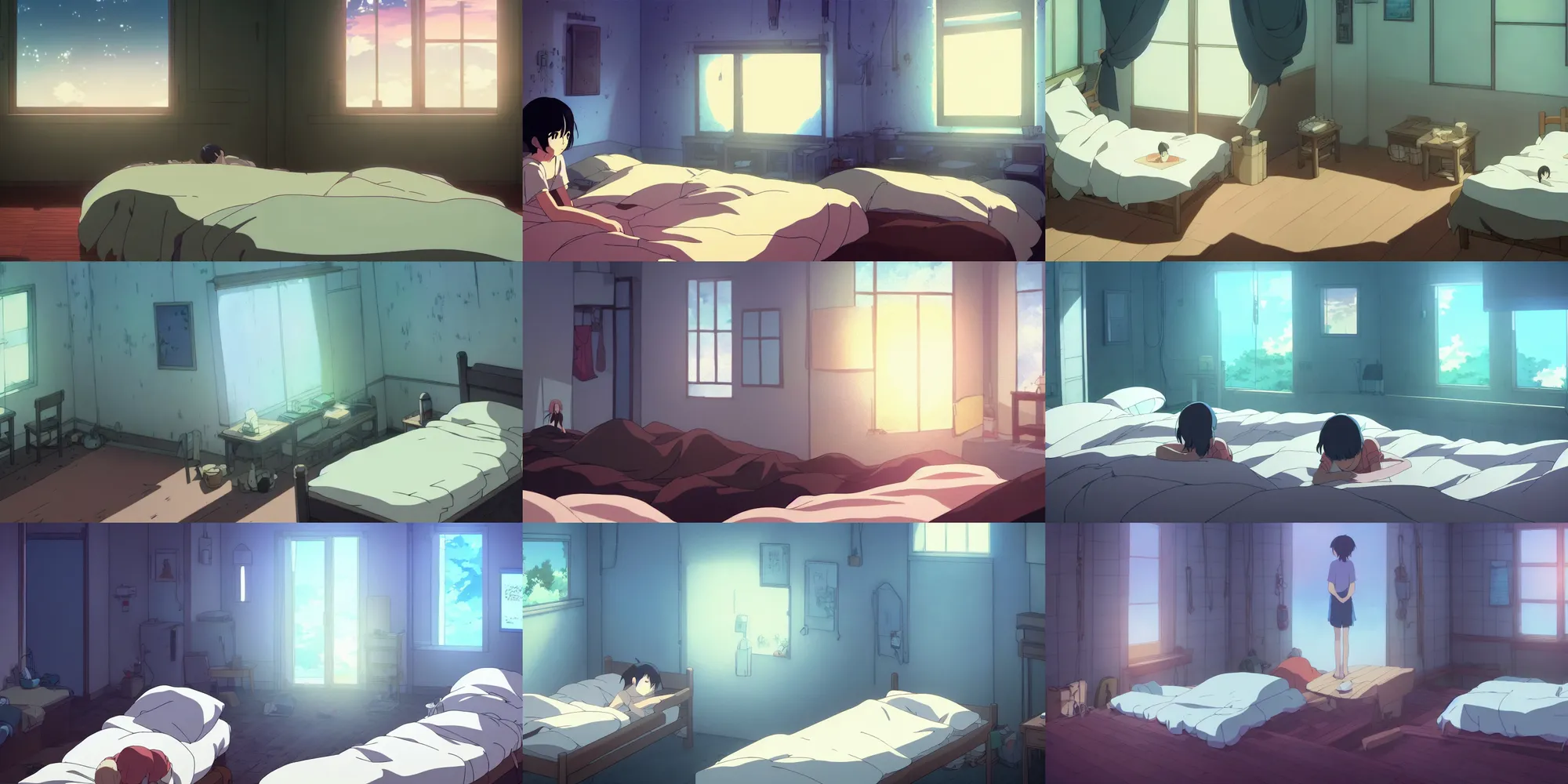 Prompt: comfortable and empty badroom, a close - up, digital art, illustrations, by makoto shinkai and studio ghibli, look at the front horizontally