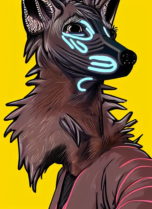 Image similar to cell shaded digital drawing of anthromorphic hyena female, fursona, furry fandom, neon rainy cyberpunk setting, anthro, wearing cyberpunk leather jacket, detailed face,