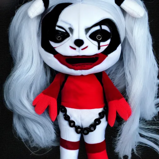 Image similar to lady gaga in harley quinn pupyplush doll, scream, background dark, portrait, 8k