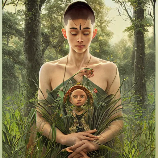 Image similar to intricate detailed portrait painting of aang on a beautiful forest meadow, temple ruins surrounded by lush forest, afternoon, intricate, elegant, highly detailed, digital painting, sharp, focus, illustration art by artgerm and greg rutkowski and alphonse mucha