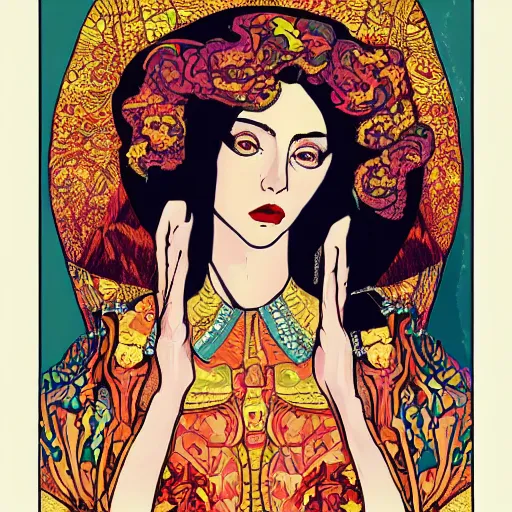 Image similar to lady gaga on a detailed ivan bilibin and edmund dulac and ilya kuvshinov and katsuhiro otomo inspired print