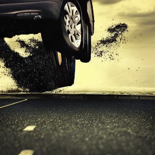 Prompt: car jump, jumping bodybuilder, woman is throwing, road, photo, digital art, hands, underbody car, car'stire, throw