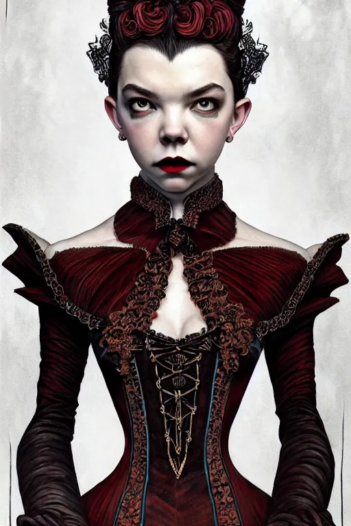 Prompt: anya taylor - joy vampire queen, full body, intricate victorian dress, hyper detailed, digital art, trending in artstation, cinematic lighting, studio quality, smooth render, artgerm, joshua middleton, rafael albuquerque, unreal engine 5 rendered, octane rendered, art style by klimt and nixeu and ian sprigger and wlop and krenz cushart