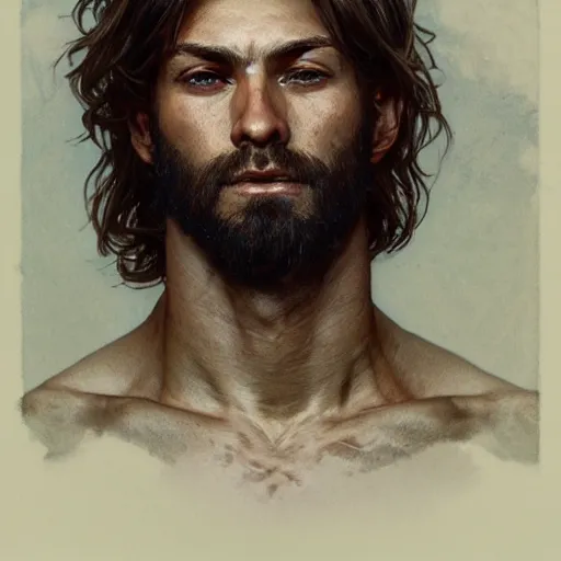 Image similar to portrait of the god of the meadow, 30 years old, rugged, male, gorgeous, detailed face, amazing, hairy torso, muscular, intricate, highly detailed, digital painting, artstation, concept art, sharp focus, illustration, art by greg rutkowski and alphonse mucha