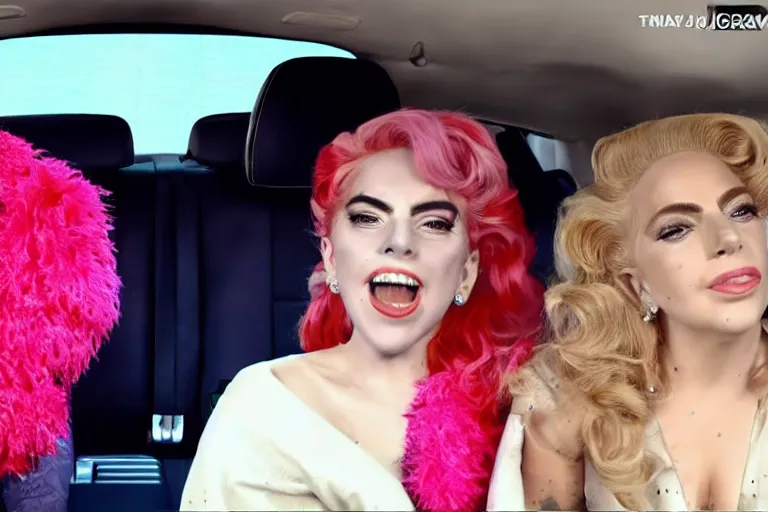 Image similar to lady gaga and judy garland carpool karaoke, highly realistic, highly detailed, high resolution, 8 k 4 k,