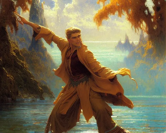 Image similar to attractive male wizard casting powerful tsunami wave spell in a beautiful lake. highly detailed painting by gaston bussiere, craig mullins, j. c. leyendecker 8 k