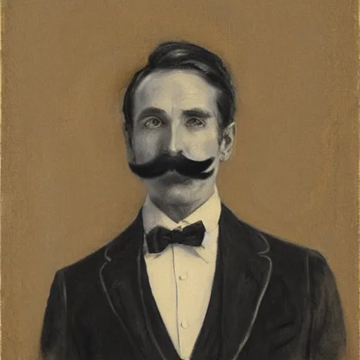 Image similar to action hero, suit, bow tie, mustache, by alfred stevens in charcoal