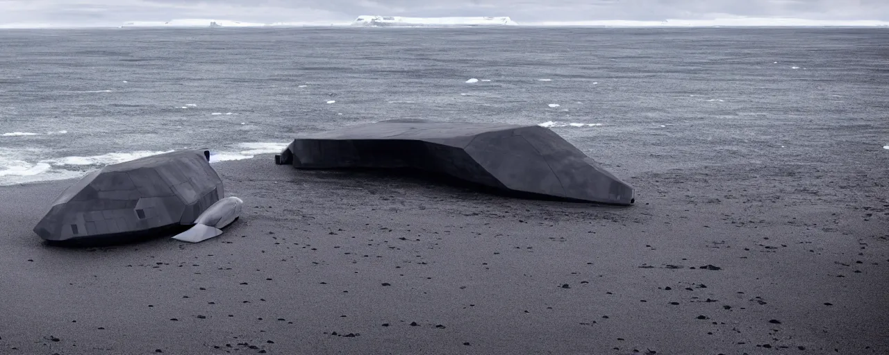 Image similar to cinematic shot of giant futuristic military spacecraft in the middle of an endless black sand beach in iceland with icebergs in the distance,, 2 8 mm