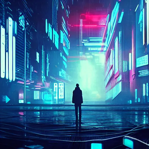 Prompt: lost in a nightmare glitchcore cyber world, photoreal, bladerunner 2 0 4 9, wires, machines, digital displays, brutalist megastructures