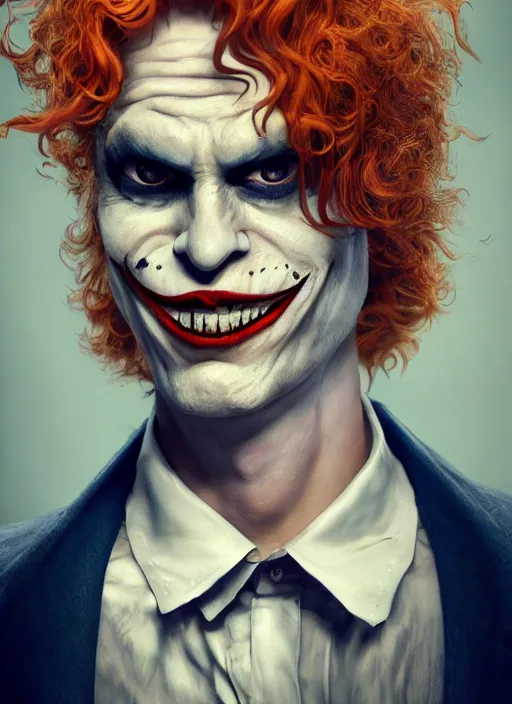 Image similar to portrait of a curly orange hair man looking like joker from batman, au naturel, hyper detailed, digital art, trending in artstation, cinematic lighting, studio quality, smooth render, unreal engine 5 rendered, octane rendered, art style by klimt and nixeu and ian sprigger and wlop and krenz cushart and marvel and dc