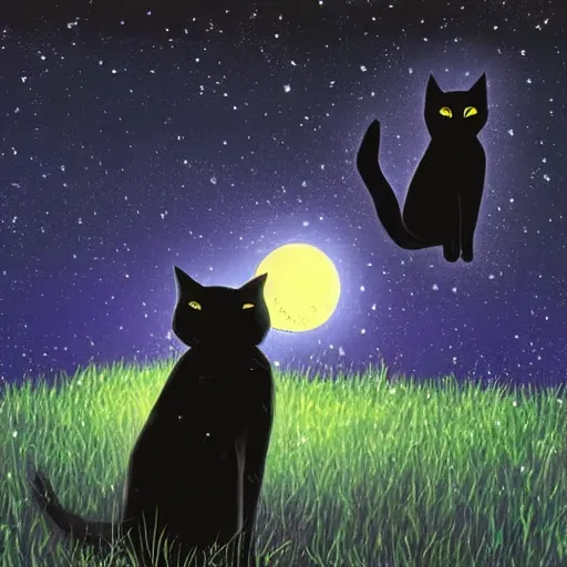 Image similar to black cat with glowing eyes looking up at the moon in a very dark open field at midnight with fireflies in the air and lots of stars in the sky, digital painting, highly detailed, magical, beautiful