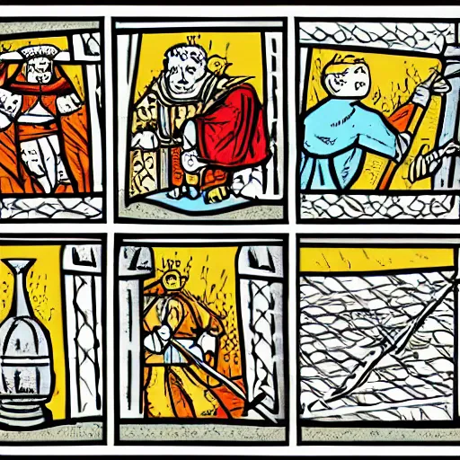 Image similar to a comic strip from medieval age, focused, detailed, sharp edges, stylized, ready to print, vector graphics, by artgem