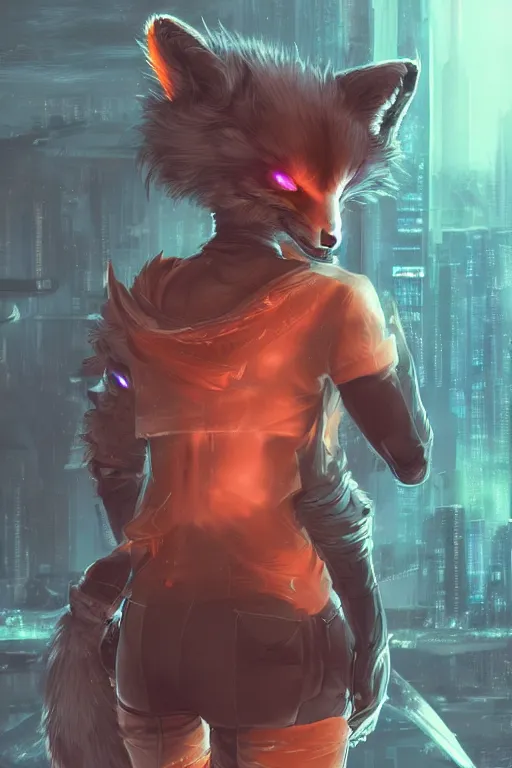 Image similar to an anthropomorphic cyberpunk fox with a fluffy tail, backlighting, trending on artstation, digital art, furry art, trending on furaffinity, fantasy art, by kawacy, view from behind