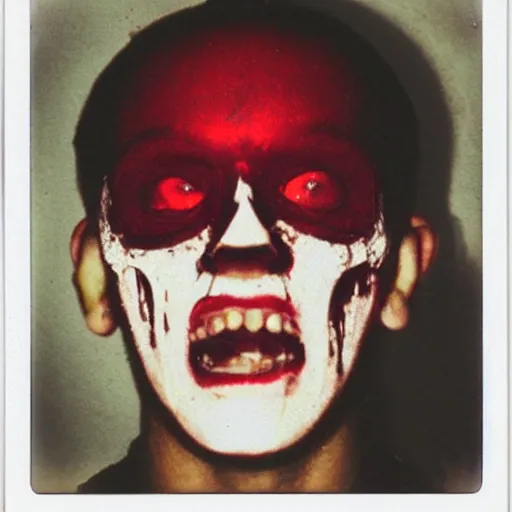 Prompt: polaroid photo of man ’ s mangled face like ghost rider, blood and bone, mexican cartel