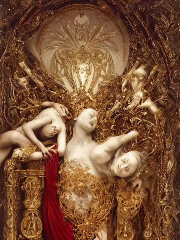 Image similar to a beautiful render of baroque catholic veiled sculpture, the red queen and the white queen pieta, with symmetry intricate detailed,by Lawrence Alma-Tadema, peter gric,aaron horkey,Billelis,trending on pinterest,hyperreal,jewelry,gold,intricate,maximalist,glittering,golden ratio,cinematic lighting