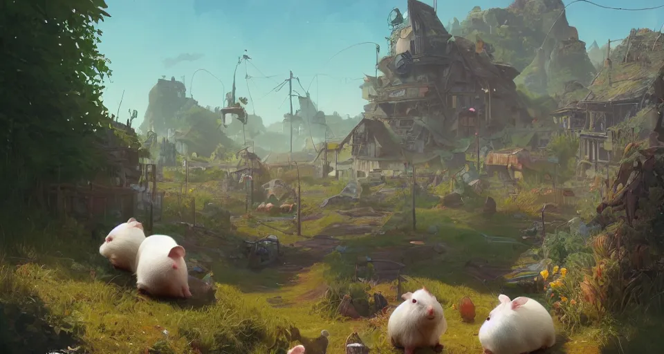 Prompt: hyper realistic cute guineapigs everywhere, by simon stalenhag, frank frazetta, greg rutkowski, beeple, christian macnevin, wlop and krenz cushart, epic fantasy character art, volumetric outdoor lighting, midday, high fantasy, cgsociety, cheerful colours, full length, exquisite detail, post - processing, masterpiece, cinematic