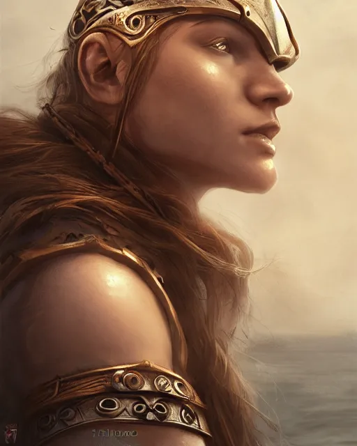 Prompt: A beautiful viking female warrior posing on a boat, bikini, perfect face, beautiful face, highly detailed face, close-up, fantasy woman, fantasy art, in the style of greg rutkowski, illustration, epic, fantasy, intricate, hyper detailed, artstation, concept art, smooth, sharp focus, ray tracing, profile shot