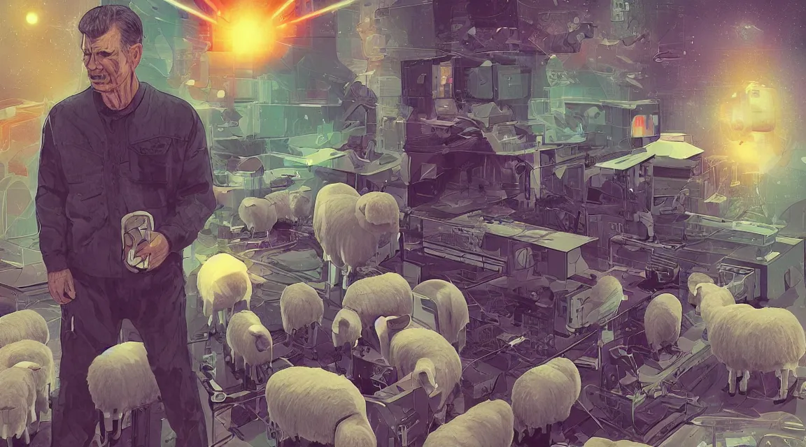 Image similar to do the androids dreams with electric sheeps, Wilbur Mercer, Rick Deckard, friend buster, Philip K. D. ,digital art, illustration style