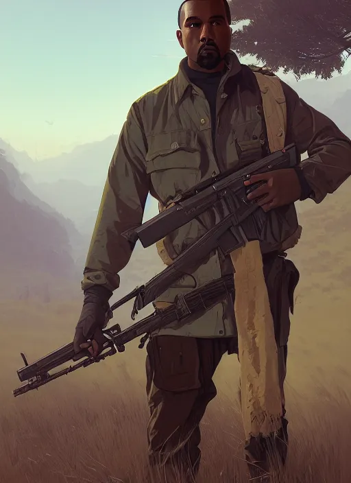 Image similar to highly detailed portrait kanye holding rifle in gta v stephen bliss unreal engine fantasy art by greg rutkowski loish rhads ferdinand knab makoto shinkai lois van baarle ilya kuvshinov rossdraws tom bagshaw global illumination radiant light detailed intricate environment