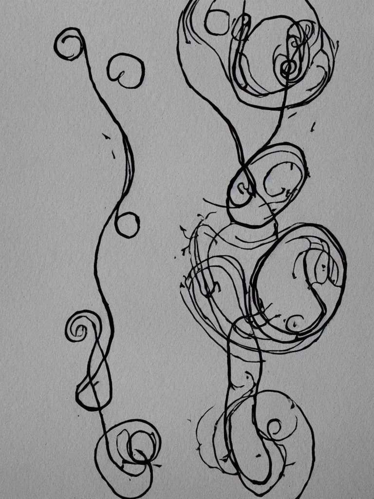 Image similar to single line ink pen drawing of an acorn that turns into a tree in the shape of a treble clef with a few scattered leaves, simple and clean thick lines