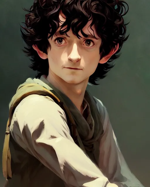 Image similar to portrait Anime playing Frodo Baggins || cute-fine-face, pretty face, realistic shaded Perfect face, fine details. Anime. realistic shaded lighting by Ilya Kuvshinov katsuhiro otomo ghost-in-the-shell, magali villeneuve, artgerm, Jeremy Lipkin and Michael Garmash and Rob Rey Elijah Wood