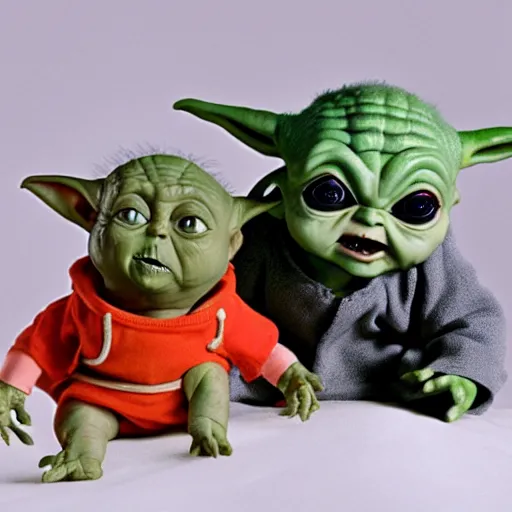 Image similar to baby yoda and screaming chucky doll