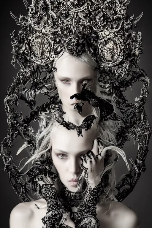 Image similar to a portrait of female model by stefan geselle and nekro borja, photorealistic, intricate details, hyper realistic, dark fantasy, ornate headpiece, dark beauty, photorealistic, canon r 3, photography, wide shot, photography, dark beauty, symmetrical features, wide angle shot, whole body, full body shot, 3 / 4 shot