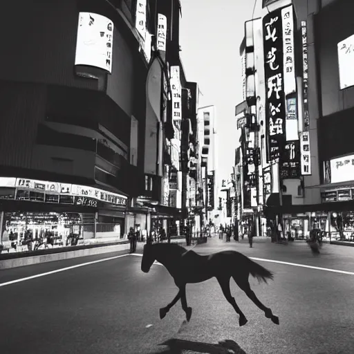 Prompt: horse running down the Tokyo Street night sky busy Street