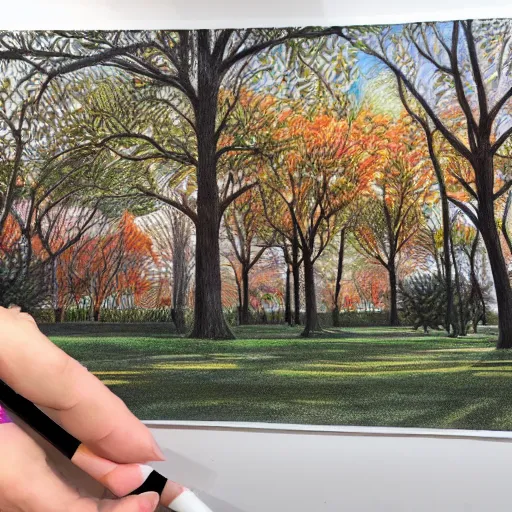 Image similar to Intricate five star Beautiful Park by Monica Lee, Colored pencil on paper, high detail, skin texture, photo realistic, hyperrealism,matte finish, high contrast, 3d depth, masterpiece, vivid colors, artstationhd