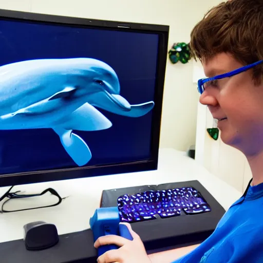 Image similar to A chemist wearing a dolphin outfit playing games on a computer