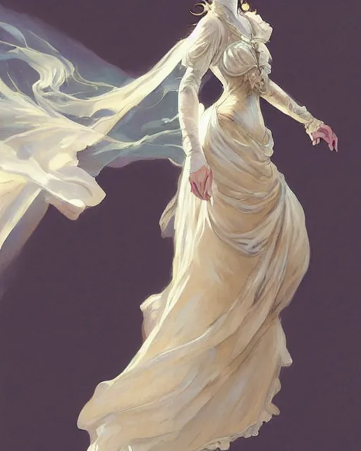 Image similar to woman dressed in a vaporous wrapped large victorian cream roses silk semi-transparent dress fashion is running D&D, fantasy, intricate, elegant, highly detailed, digital painting, artstation, concept art, matte, sharp focus, illustration, art by Artgerm and Greg Rutkowski and Alphonse Mucha