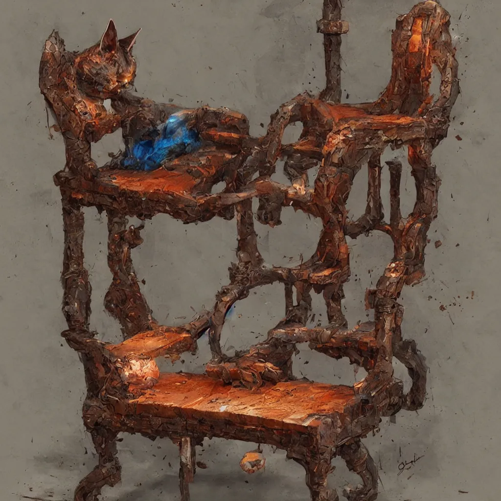 Image similar to a cat character laying, wood carved chair, super powers, concept art, by greg rutkowski, old copper pipes, complementing colors