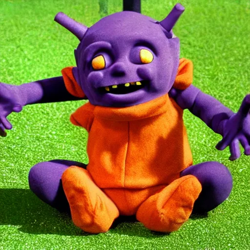 Image similar to tinky winky eating alive insects, horror, creepy, teletubbies lost creepy spooky bloody episode, realistic,