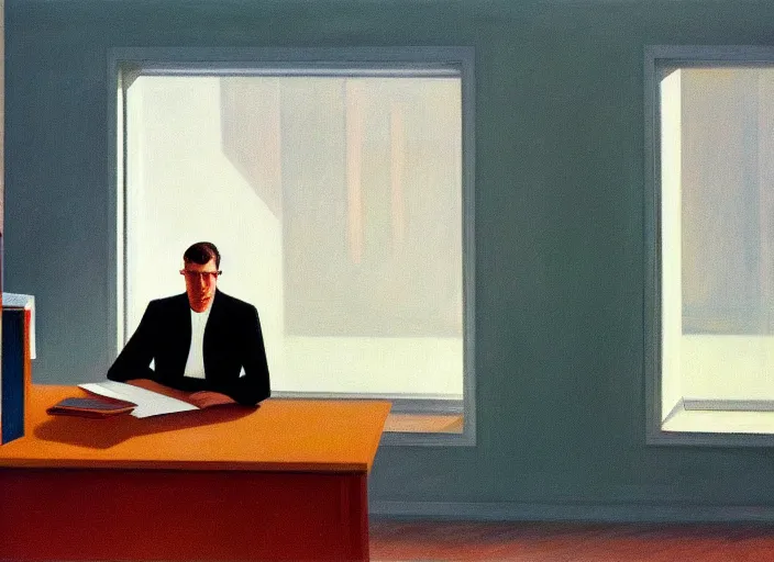 Image similar to painting of a lonely man sitting at his desk in an empty, huge office, in the style of edward hopper, very detailed face