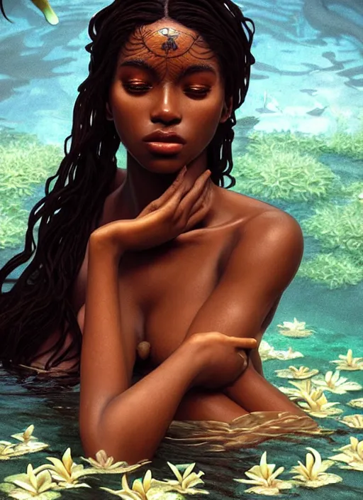 Image similar to film still, cinestill 8 0 0 t, underwater photography full body portrait of a dark skin mermaid haitian goddess, white lilies, intricate, sensual features, dewy skin, reflective skin, highly detailed, divine holy perfection!! artstation, smooth, sharp focus, warm lighting, illustration, art by artgerm and greg rutkowski and alphonse mucha