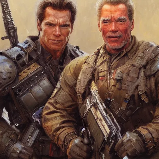 Image similar to Henry Cavill, Arnold Schwarzenegger and Morgan Freeman as soldiers, closeup character art by Donato Giancola, Craig Mullins, digital art, trending on artstation