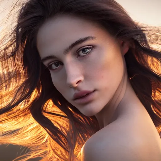 Prompt: closeup portrait of a stunningly beautiful female, silk in the wind at sunset, fashion photoshoot, by edward robert hughes, annie leibovitz and steve mccurry, david lazar, jimmy nelsson, breathtaking, 8 k resolution, extremely detailed, beautiful, establishing shot, artistic, hyperrealistic, beautiful face, octane render