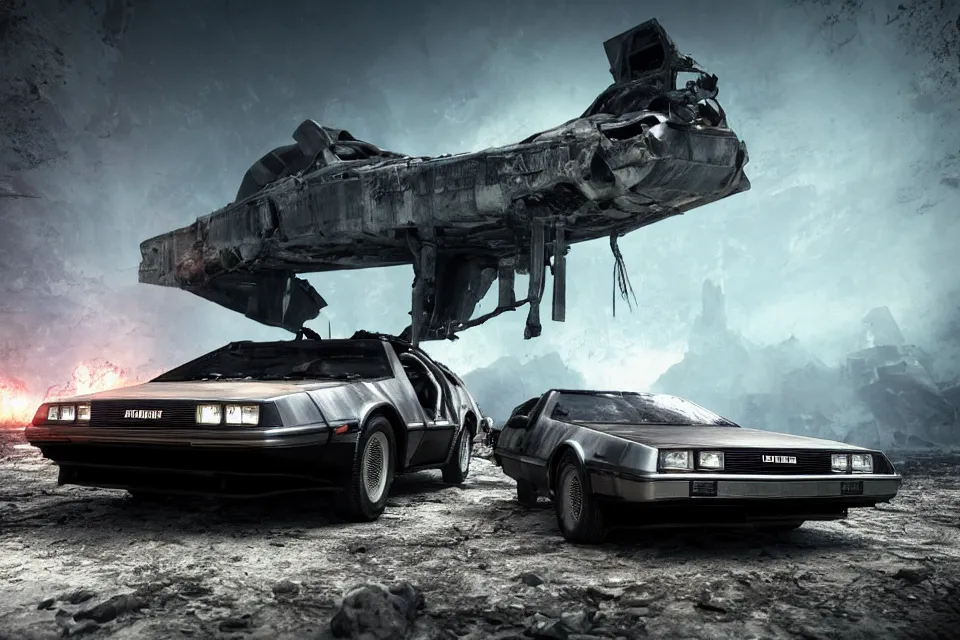 Image similar to delorean dmc 5 next to ancient space ship wreck horror, dark cinematic, volumetric, realistic, 3 d render, realistic render, cinematic lighting, volumetric lighting, atmospheric, cinematic, unreal engine, unreal engine render, octane render, hd, photorealism, hyper realistic, photo, 8 k