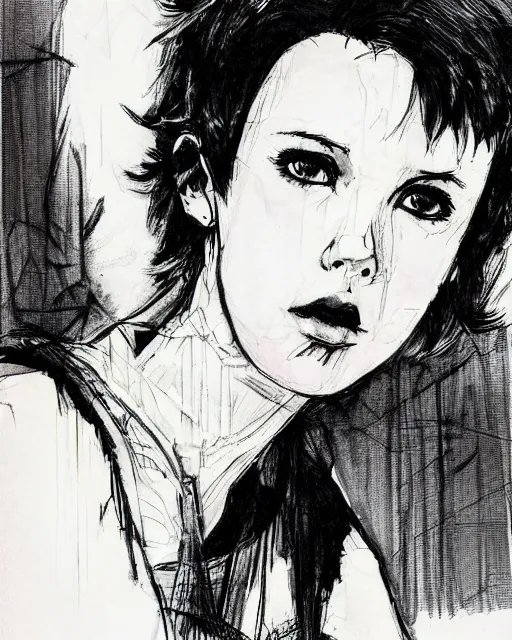 Prompt: pen sketch of millie bobby brown with short hair by yoji shinkawa