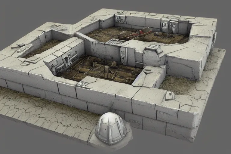 Image similar to 40k Tau empire bunker. Tao coalition. Greater good gromdark bunker. 3d printable wargaming terrain. High resolution render. CGSociety.